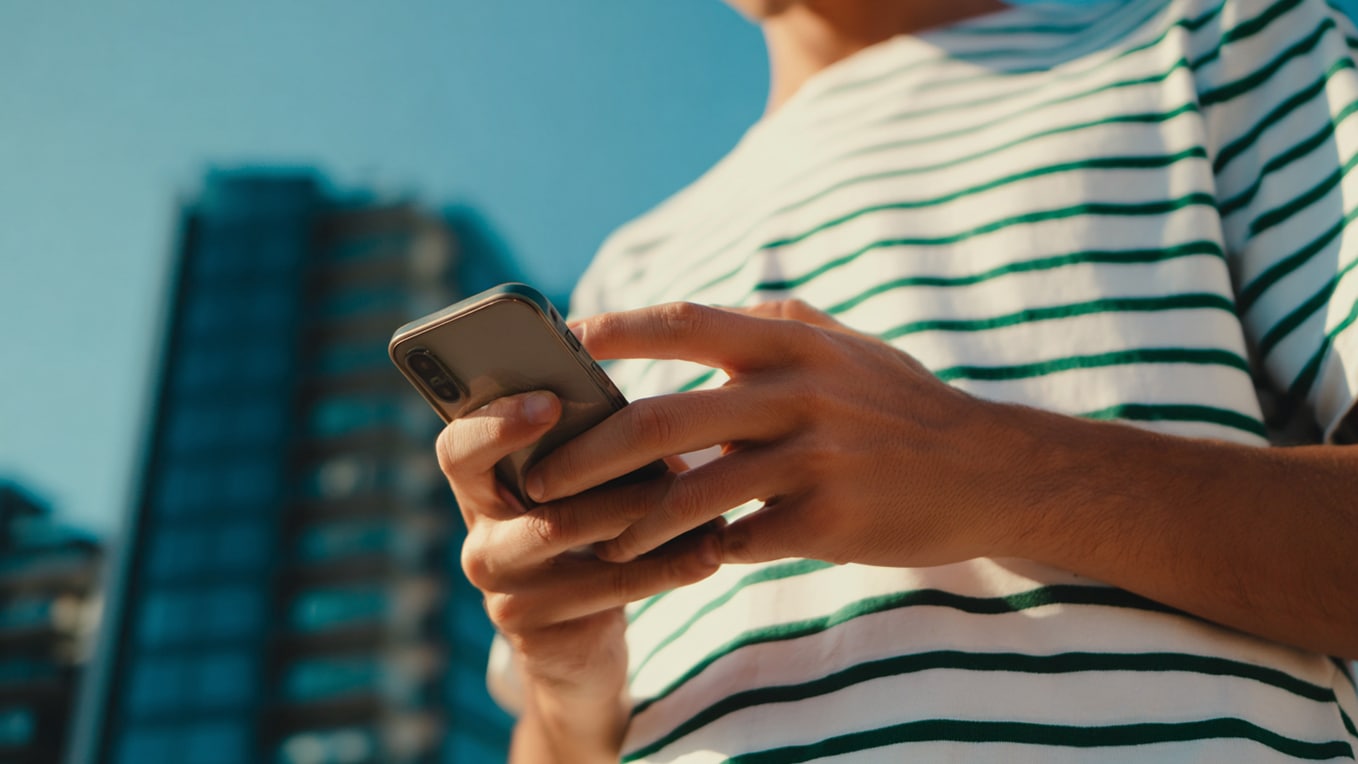 Vyras su išmaniuoju telefonu, kurio ekrane matosi kaip lengva pasiekti savo automobilį per nuotolį su „My Seat“ programėle